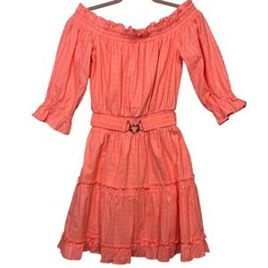 Lilly Pulitzer Coral Pink Dobby Cotton Off Shoulder Tiered Dress Heart Belt M